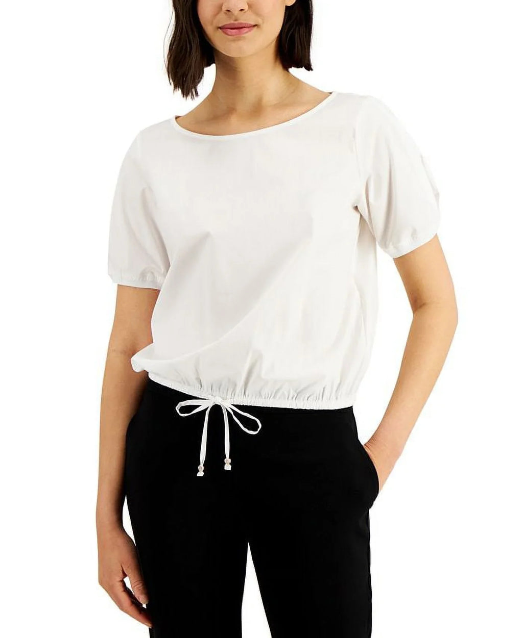 Donna Karan Women's Puff Sleeve Drawstring Top White Size Small
