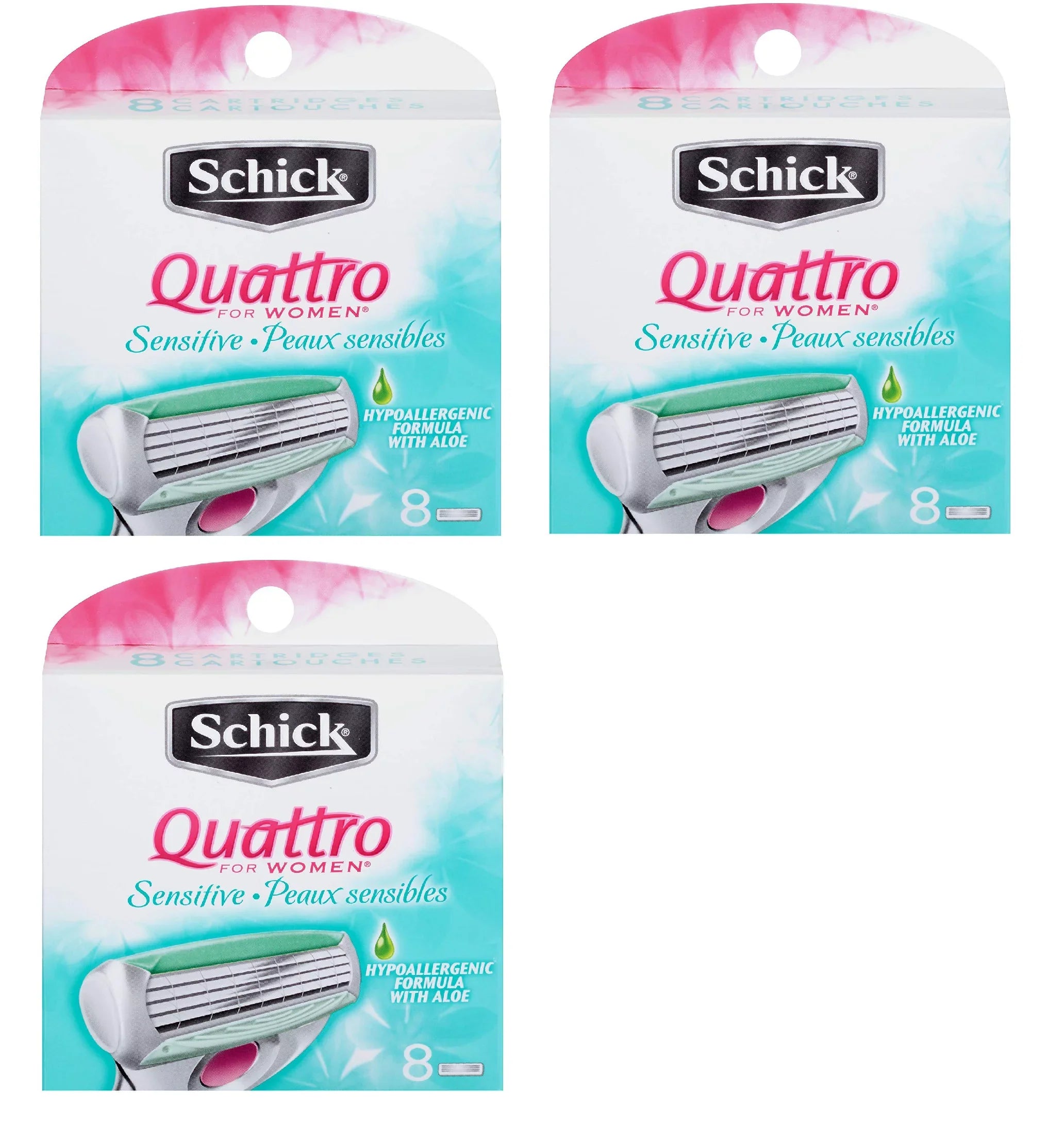 Schick Quattro Women Sensitive Hypo Allergenic Aloe Refill Blade Cartridges, 8 Count (Pack of 3)