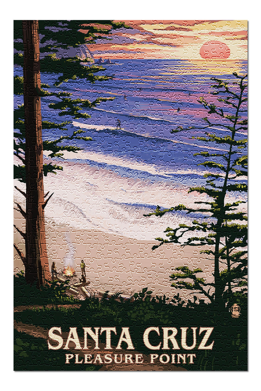 Santa Cruz, Calinia, Pleasure Point Sunset and Surfers (19x27 inches, Premium 500 Piece Jigsaw Puzzle Adults and Family, Made in USA)
