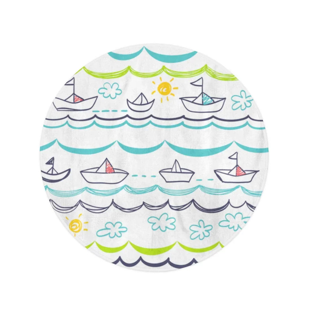 LADDKA 60 inch Round Beach Towel Blanket Blue Pattern White Watercraft Children Baby Abstract Cartoon Child Travel Circle Circular Towels Mat Tapestry Beach Throw