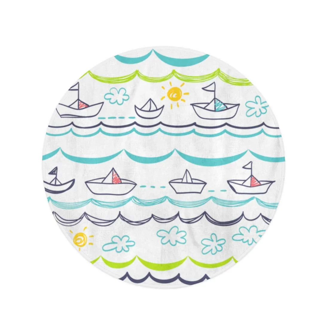 LADDKA 60 inch Round Beach Towel Blanket Blue Pattern White Watercraft Children Baby Abstract Cartoon Child Travel Circle Circular Towels Mat Tapestry Beach Throw