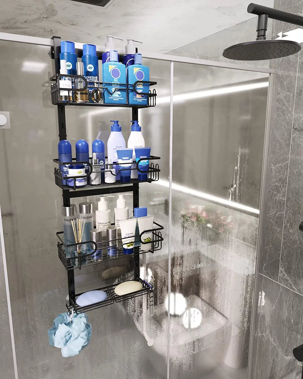 Consumest 4 Tier Over The Door Shower Caddy Shelf with Soap Holder, Adjustable Hanging Shower Organizer with 4 Hooks & 2 Suction Cups, Rustproof Stainless Steel Hanging Shower Caddy Bathroom