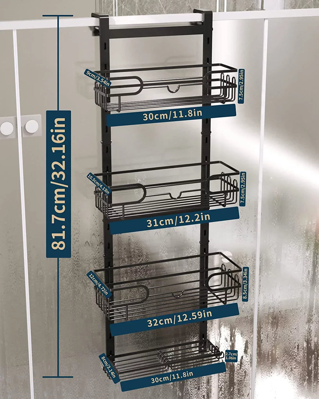 Consumest 4 Tier Over The Door Shower Caddy Shelf with Soap Holder, Adjustable Hanging Shower Organizer with 4 Hooks & 2 Suction Cups, Rustproof Stainless Steel Hanging Shower Caddy Bathroom