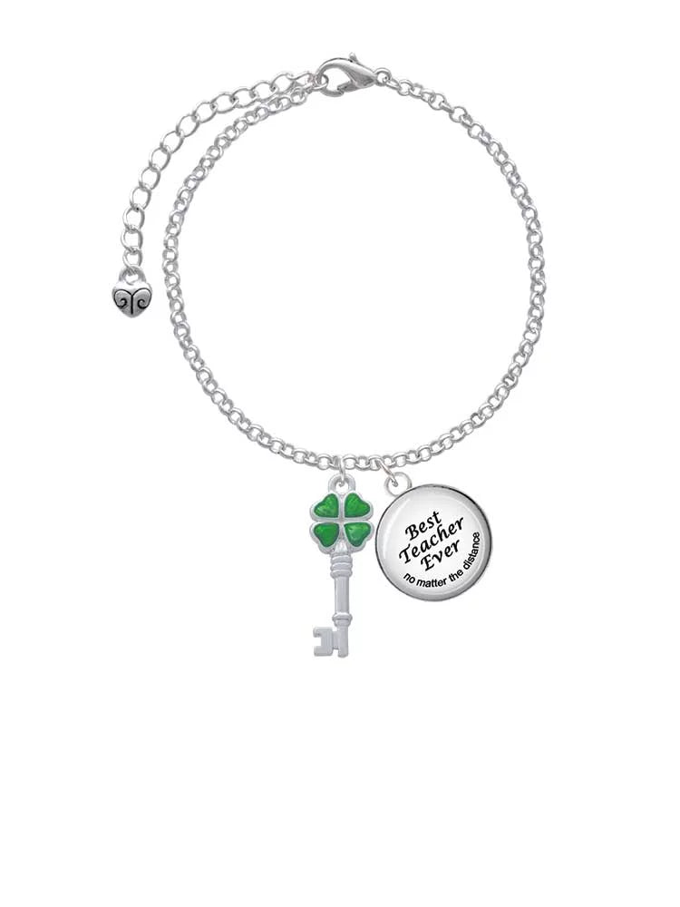 Delight Jewelry Silvertone Translucent Green Lucky Four Leaf Clover Key Dome Best Teacher Ever Charm Bracelet