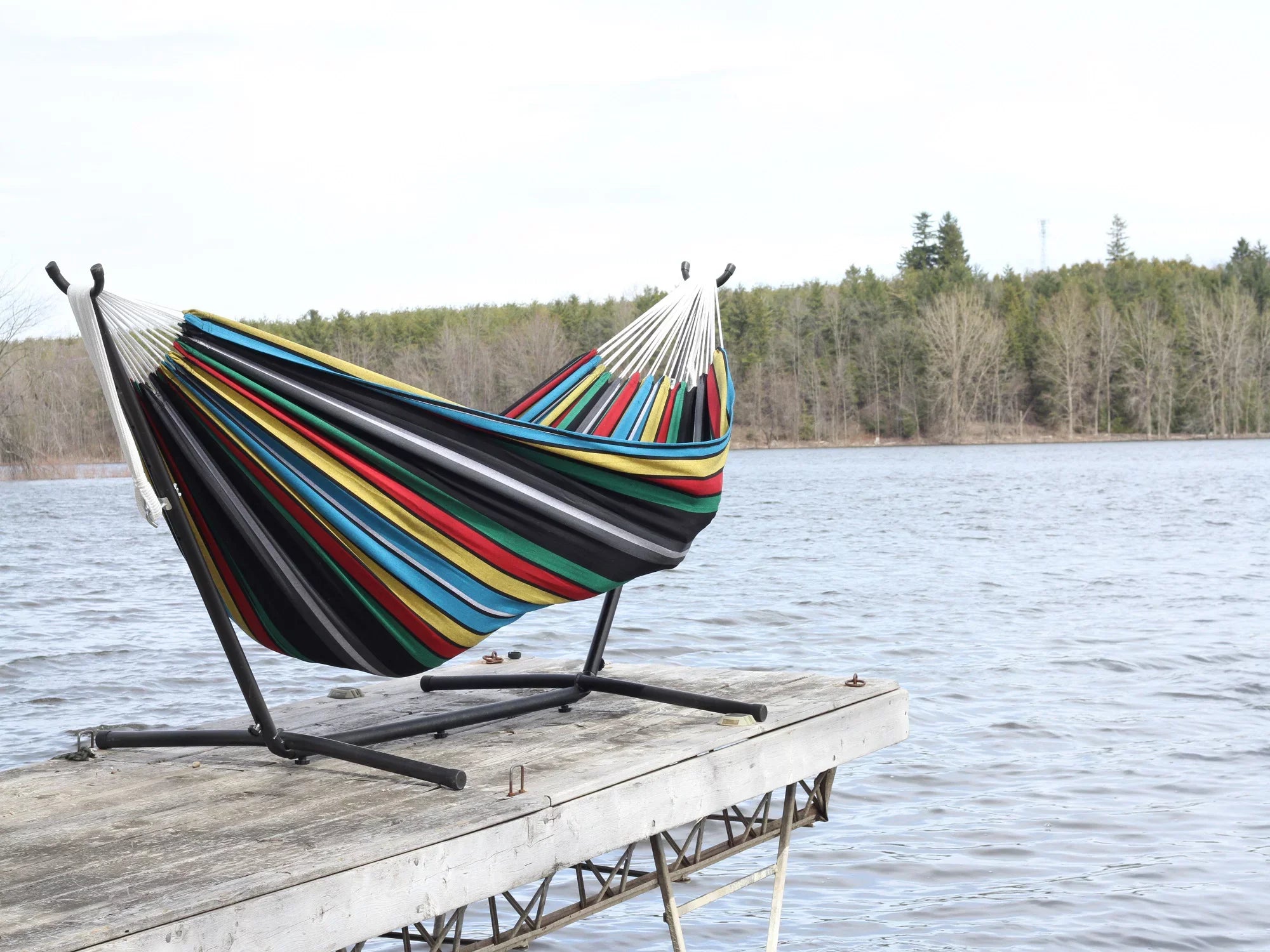 The Hamptons Collection 110” Black and Blue Striped Brazilian Style Hammock with a Steel Hammock
