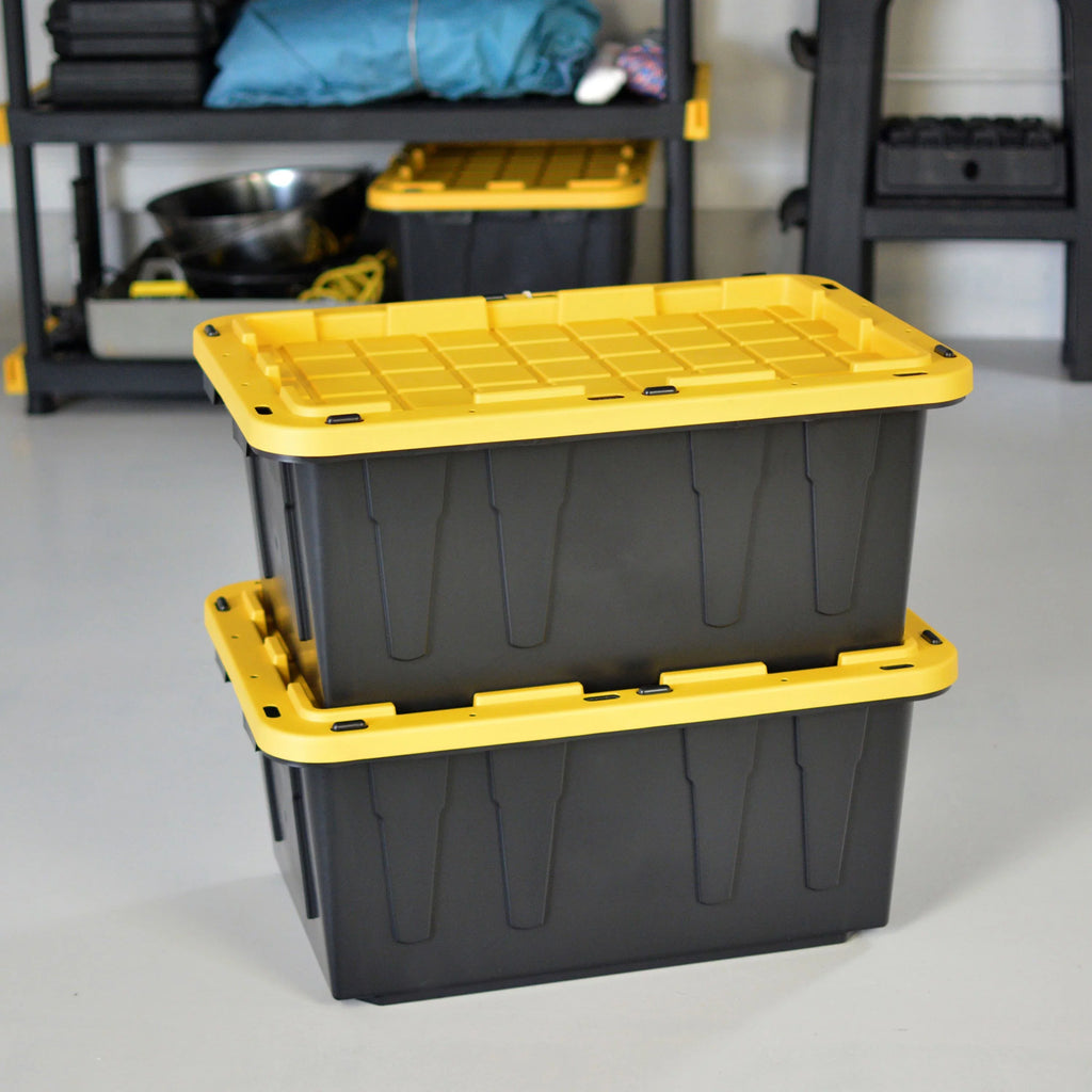 Tough Box 17 Gallon Stackable Snap Lid Plastic Storage Container, Black with Yellow Lid, Set of 4