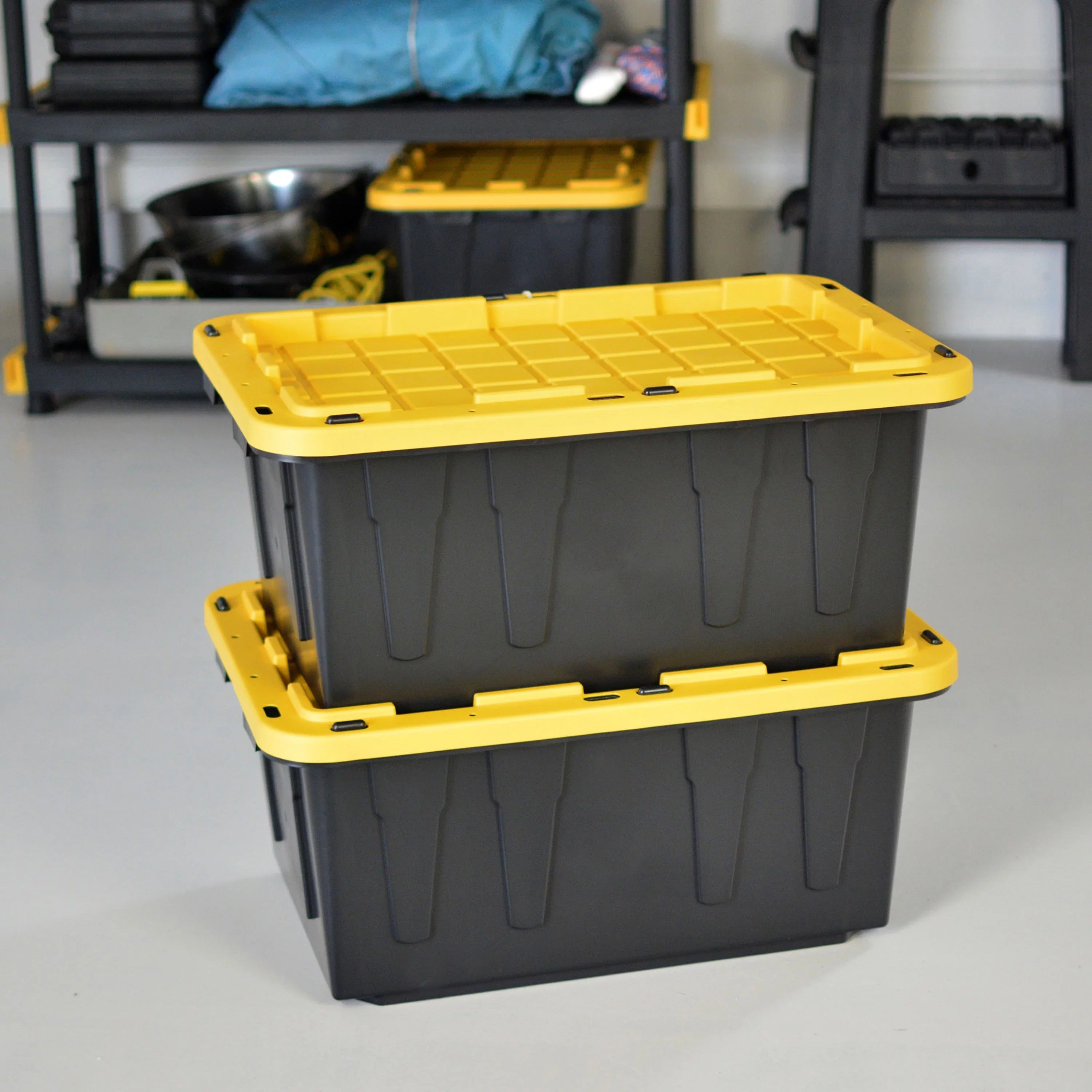 Tough Box 17 Gallon Stackable Snap Lid Plastic Storage Container, Black with Yellow Lid, Set of 4