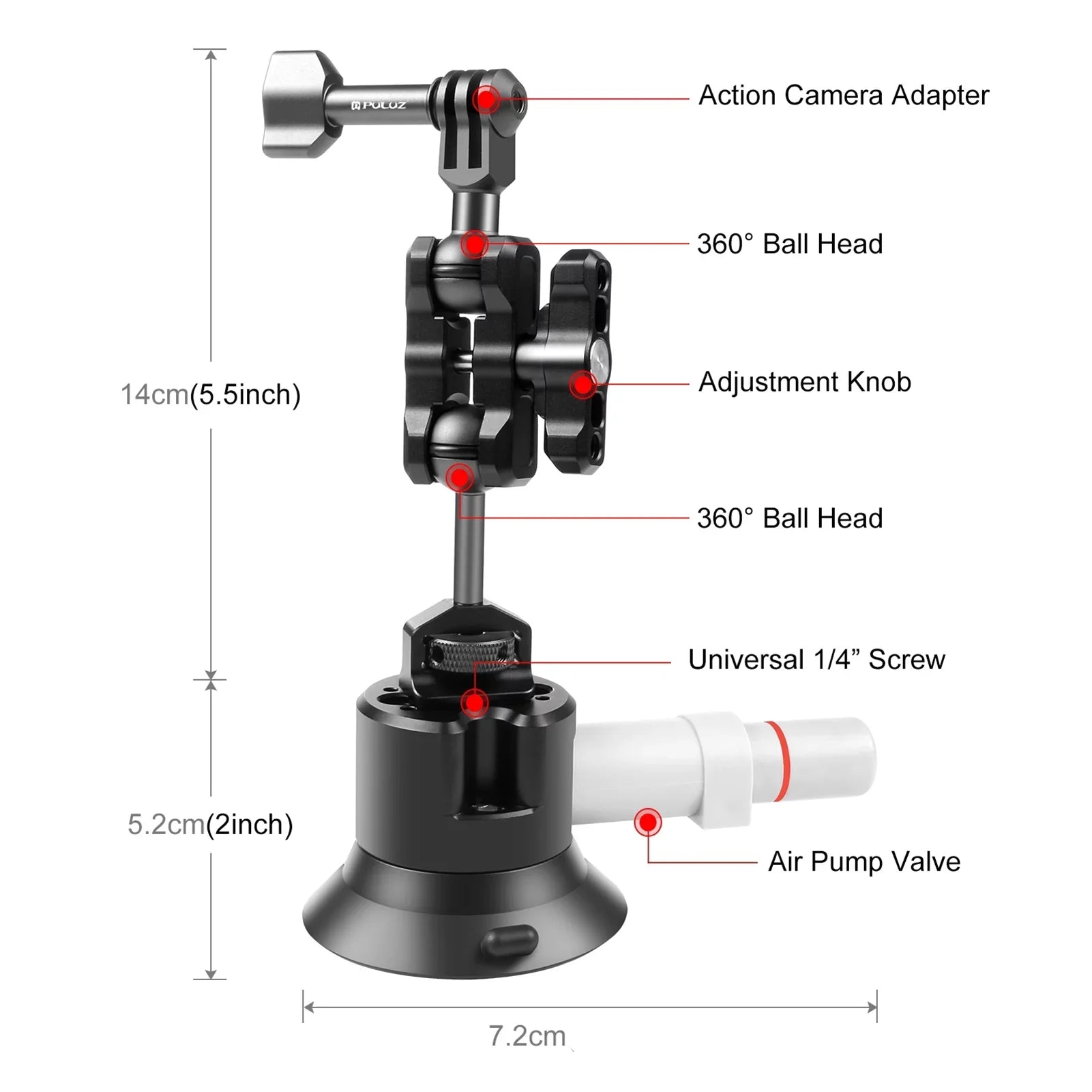PULUZ PU845B Suction Cup Mount Action Camera Suction Camera Mount Bracket Dual 360° Rotatable Ballheads Replacement GoPro Hero 11/10/9/8, Osmo Action 3/2