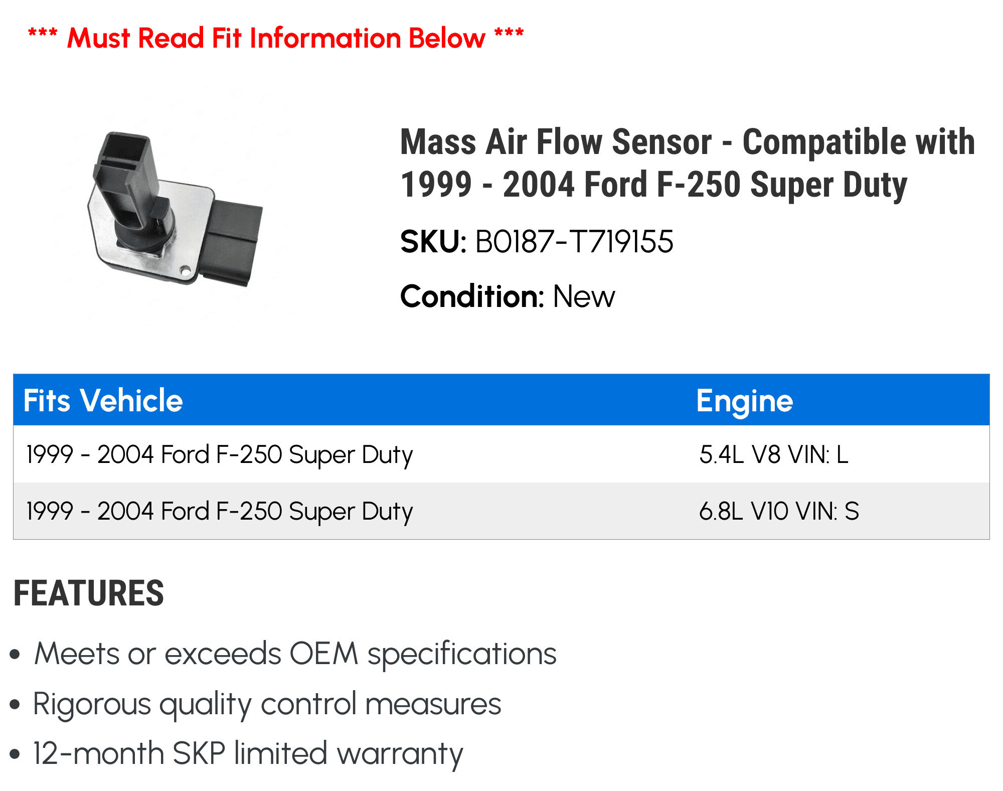 Mass Air Flow Sensor - with 1999 - 2004 Ford F-250 Super Duty 2000 2001 2002 2003