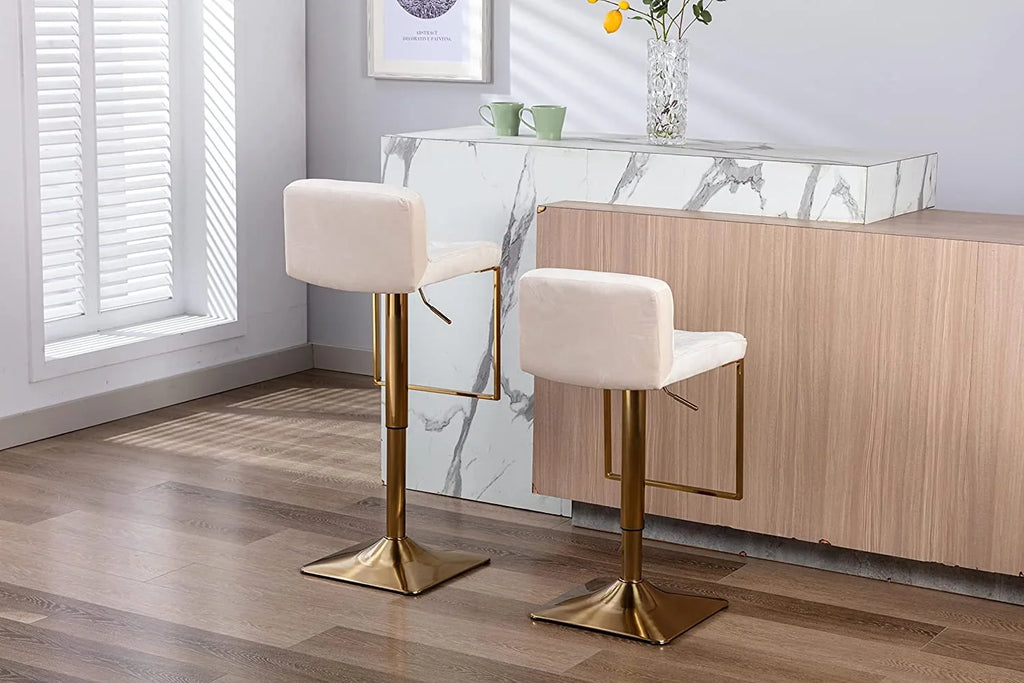 TJUNBOLIFE Velvet Stools Modern Swivel Counter Height Barstools Height Adjustable Kitchen Stools Island Chairs Island Stools Chair Gold sillas para barra de cocina (Ivory Set of