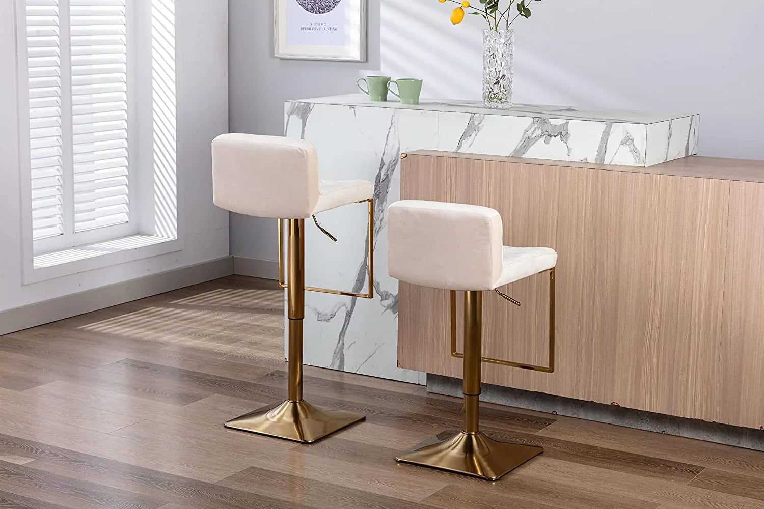 TJUNBOLIFE Velvet Stools Modern Swivel Counter Height Barstools Height Adjustable Kitchen Stools Island Chairs Island Stools Chair Gold sillas para barra de cocina (Ivory Set of