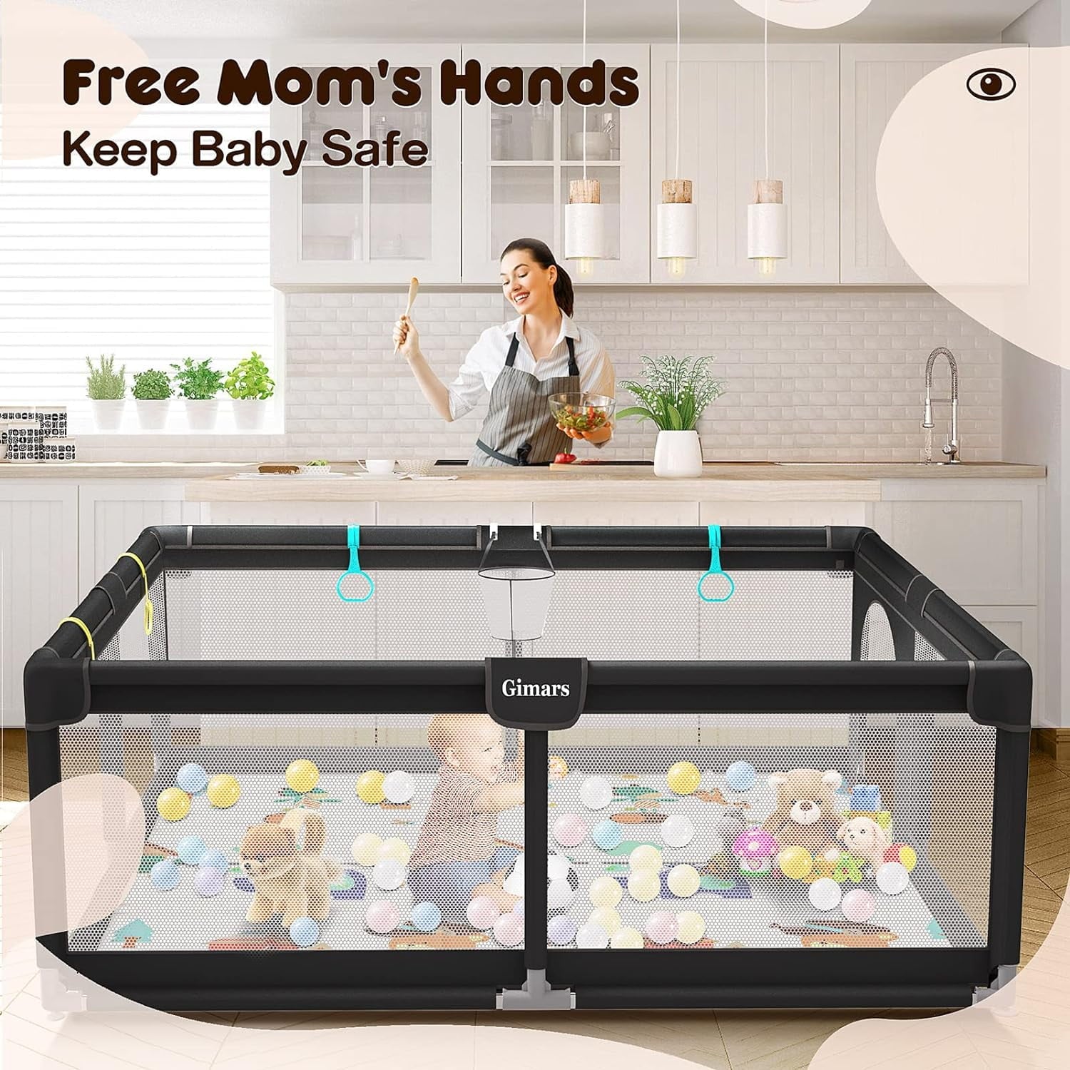Upgraded 320D Washable Baby Playpen with Padding Mat, 6in1 Large Playpen Toddlers, Sturdy & Safe Playpen with Padded Cotton Top Rod Protecting Babies, Baby Play Yard with Zipper Gate