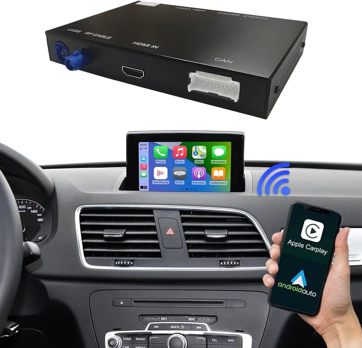 Road Top Wireless Carplay Android Auto Module Audi Q3 2014-2018 Year with MMI 3G, (HN+ Car Software Version), Carplay Retrofit Kit Decoder, Support Mirrorlink, Camera