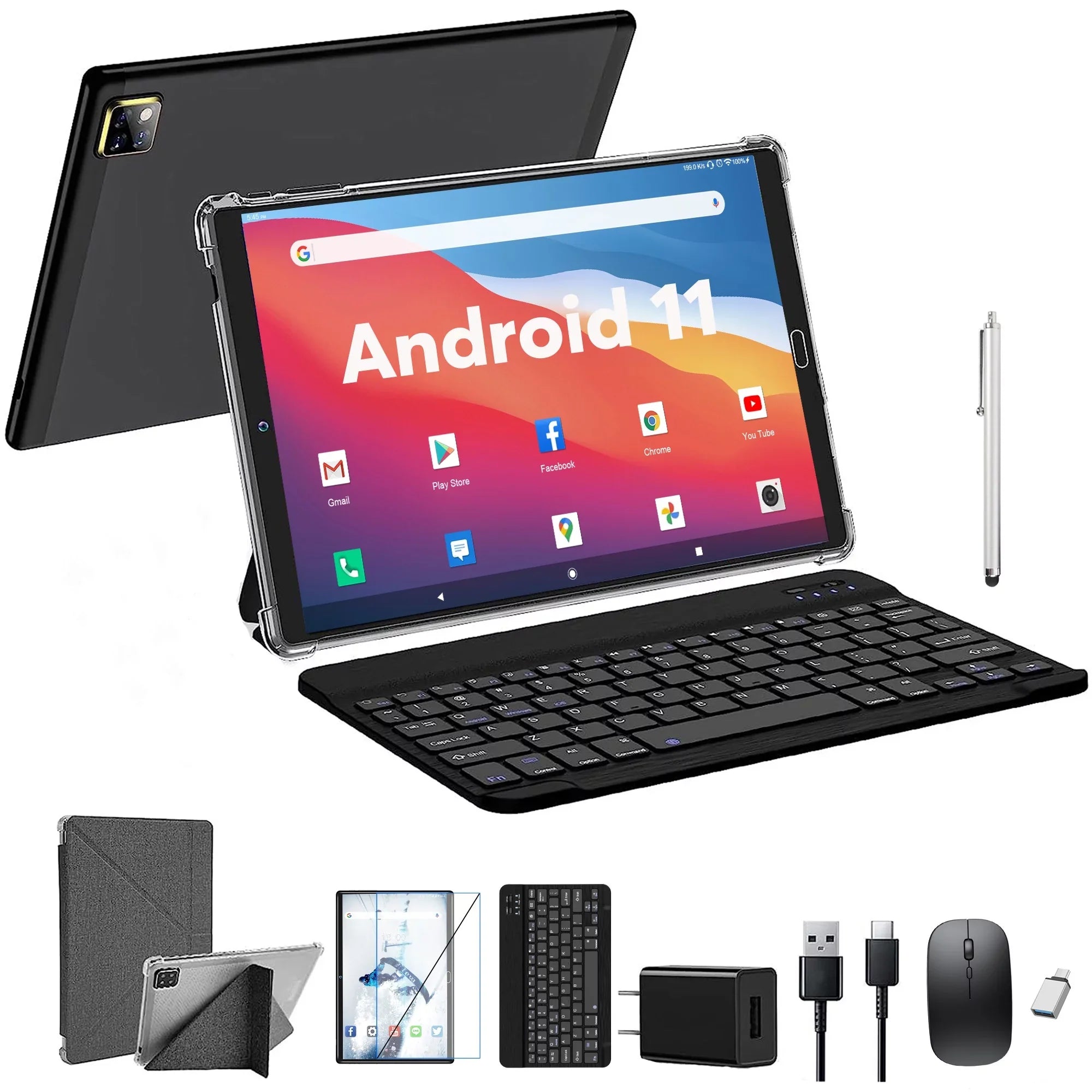 10 inch Tablet Android 11 Tablets with Keyboard, 4GB RAM 64GB ROM 128GB Expand, 5G/2.4G Wi-Fi, HD IPS Display, 6000mAh Tablet PC with Case,Mouse,GMS Certified,Black
