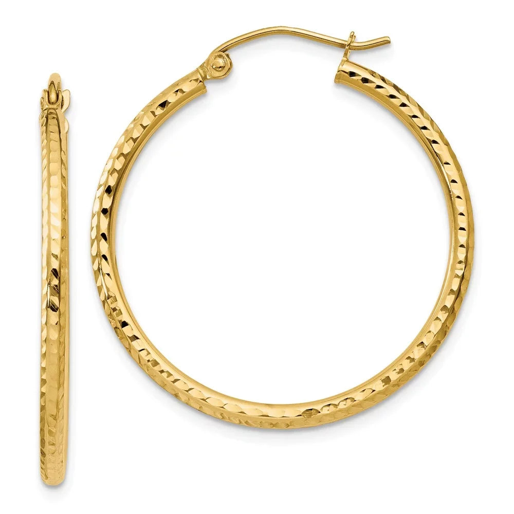 Real 14kt Yellow Gold Diamond-cut 2mm Round Tube Hoop Earrings; Adults and Teens; Women and Men