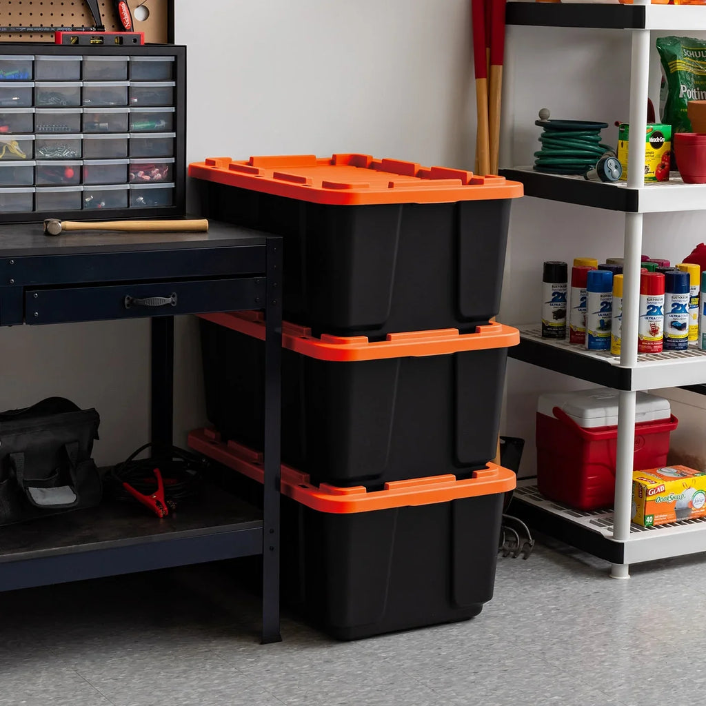 IRIS USA 3 Pack 108qt/27gal Heavy Duty Utility Tough Tote, Black with Orange Lid