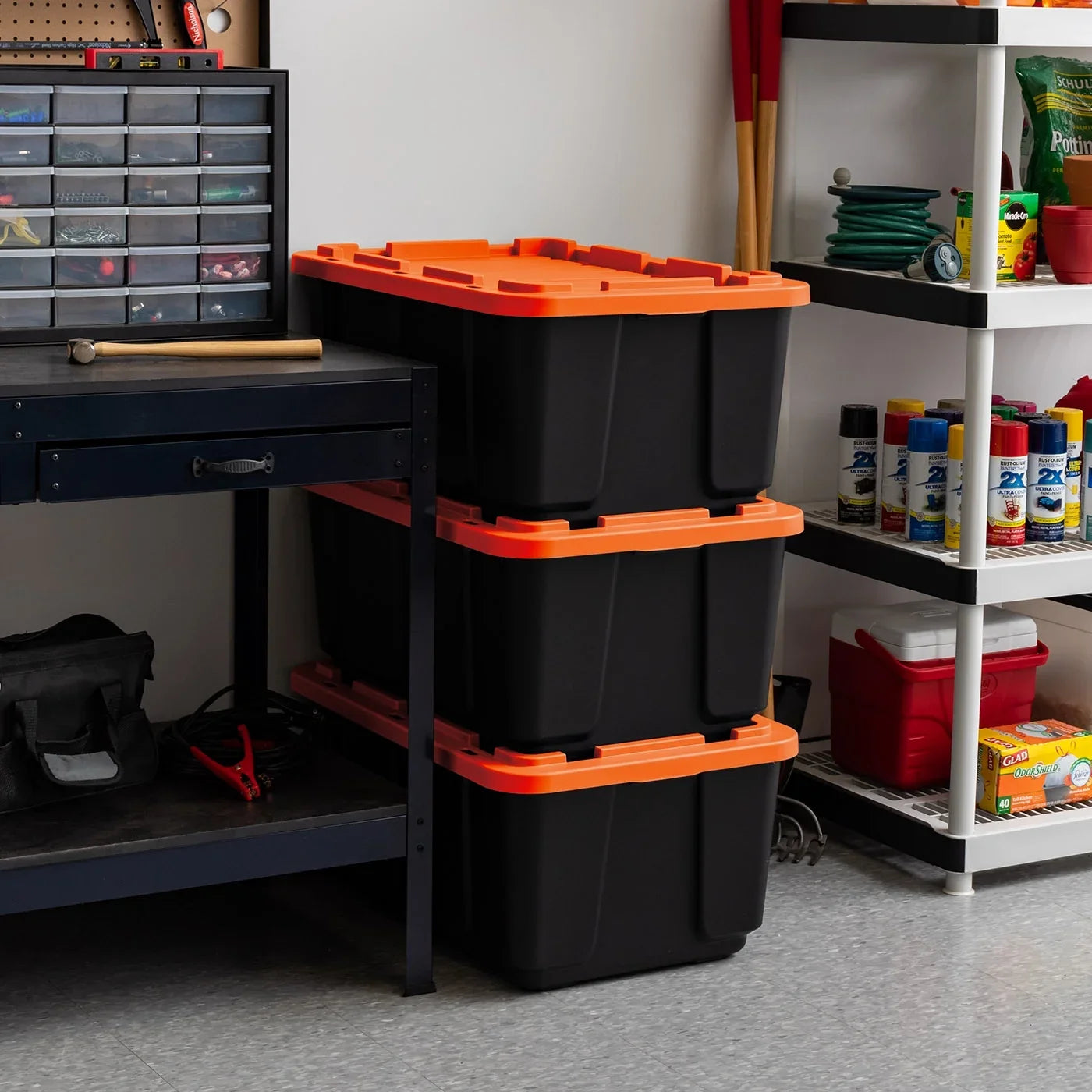IRIS USA 3 Pack 108qt/27gal Heavy Duty Utility Tough Tote, Black with Orange Lid