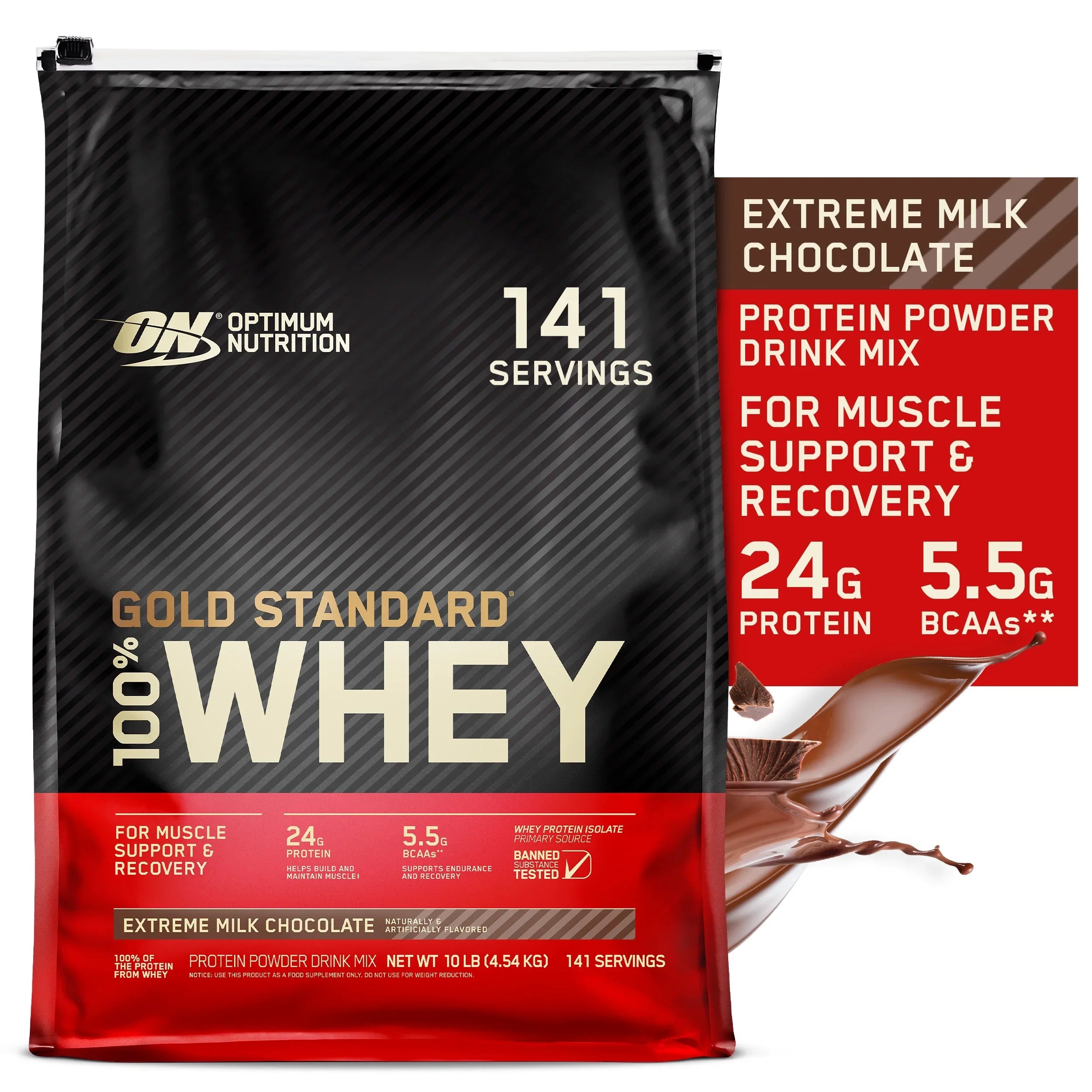 Optimum Nutrition, Gold Standard 100% Whey Protein Powder, Extreme Milk Chocolate, 10 lb, 141 Servings