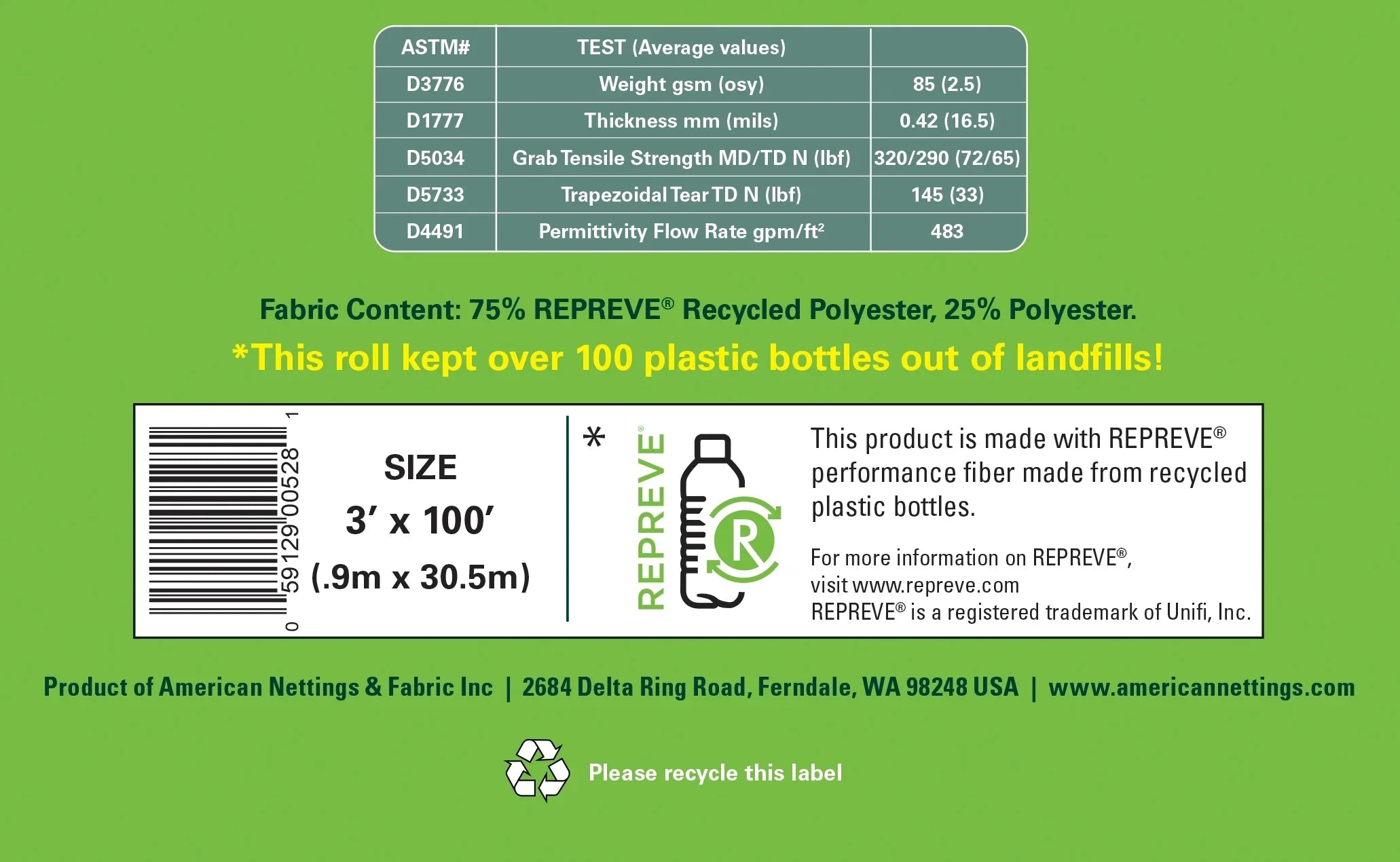 American Nettings Premium Plus REPREVE Recycled Contractor Landscape Fabric (Lifetime) 3' x 100'