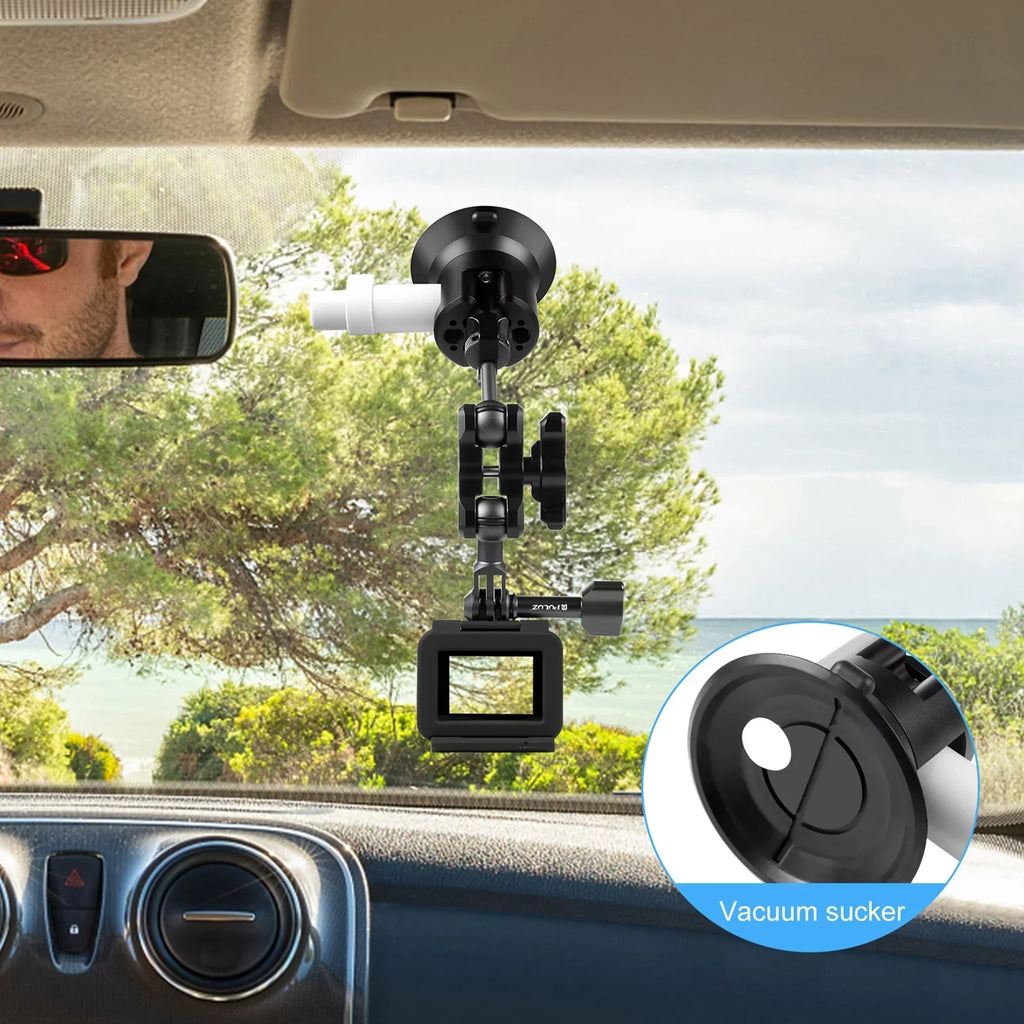PULUZ PU845B Suction Cup Mount Action Camera Suction Camera Mount Bracket Dual 360° Rotatable Ballheads Replacement GoPro Hero 11/10/9/8, Osmo Action 3/2