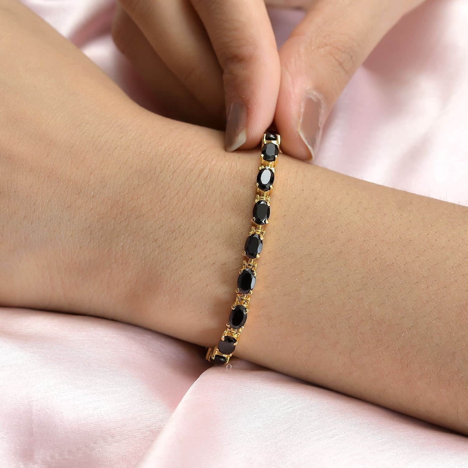 Shop LC Black Spinel Oval Stainless Steel Yellow Gold Ion Plated Bracelet Women Jewelry Size 6.5" Ct 8.49 Birthday Gifts