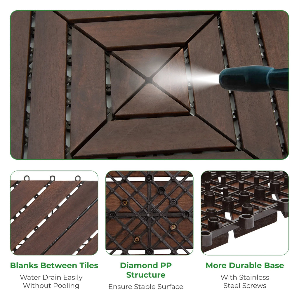 Interlocking Deck Tiles 12"x12"x0.94'' Dark Brown Acacia Wood 8 slant slats Patio Decor Flooring Tiles -Acacia Wood Interlocking Floor Tile -Interlocking Wood Flooring Squares Tile