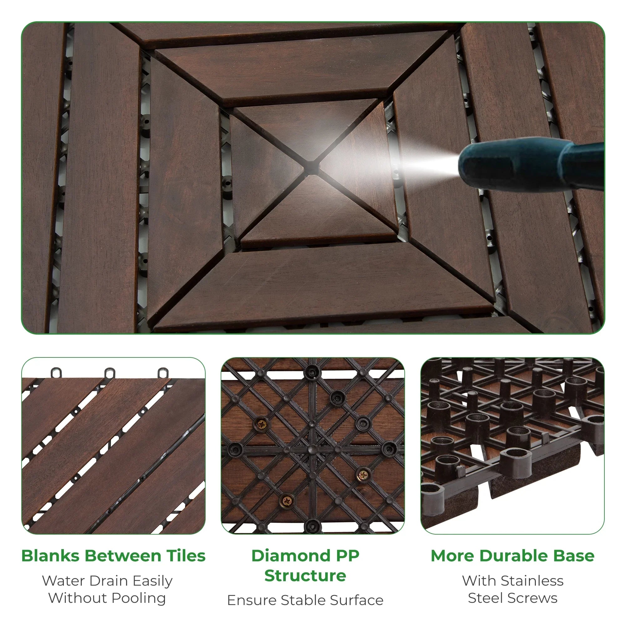 Interlocking Deck Tiles 12"x12"x0.94'' Dark Brown Acacia Wood 8 slant slats Patio Decor Flooring Tiles -Acacia Wood Interlocking Floor Tile -Interlocking Wood Flooring Squares Tile