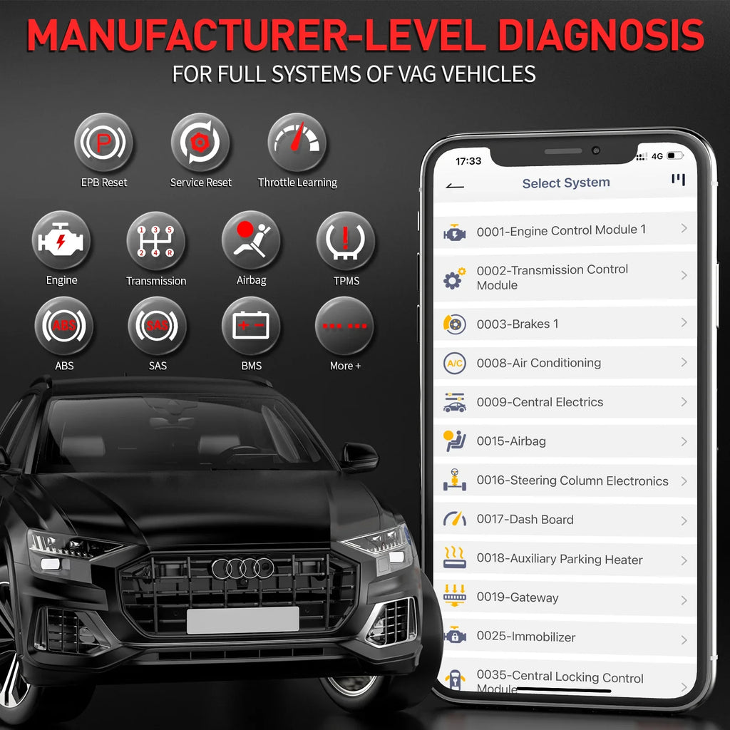 Ancel BD500 Wireless Car Scanner Fits VW Audi Skoda Seat VAG Vehicles Bluetooth OBD2 Scanner Code Reader Check All Systems Oil Reset EPB Reset Throttle Learning Automotive Diagnostic Scan Tool