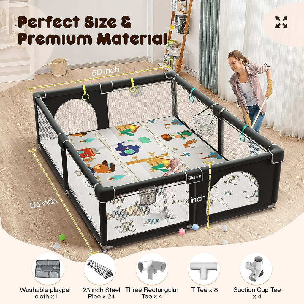 Upgraded 320D Washable Baby Playpen with Padding Mat, 6in1 Large Playpen Toddlers, Sturdy & Safe Playpen with Padded Cotton Top Rod Protecting Babies, Baby Play Yard with Zipper Gate