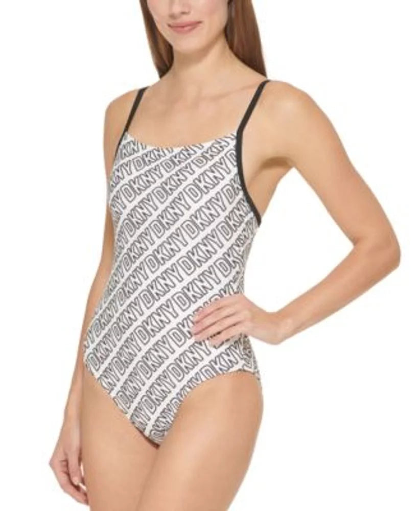 DKNY WHITE/BLACK Logo-Print One-Piece Swimsuit, US Large