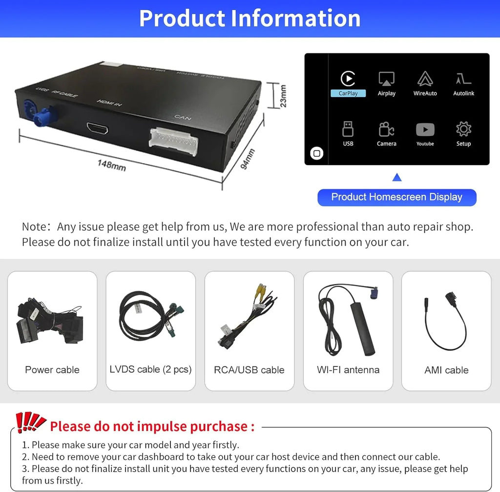 Road Top Wireless Carplay Android Auto Module Audi Q3 2014-2018 Year with MMI 3G, (HN+ Car Software Version), Carplay Retrofit Kit Decoder, Support Mirrorlink, Camera