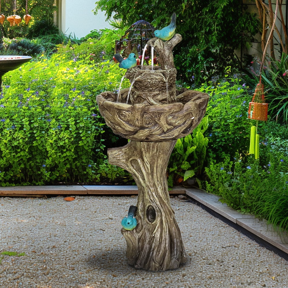 3-Tier Outdoor Water Fountain Bird Bath Patio Fountain Outdoor Stump Like Waterfall Fountain with Birds Decor Freestanding Patio Water Fountain Pump Garden Yard Patio Porch