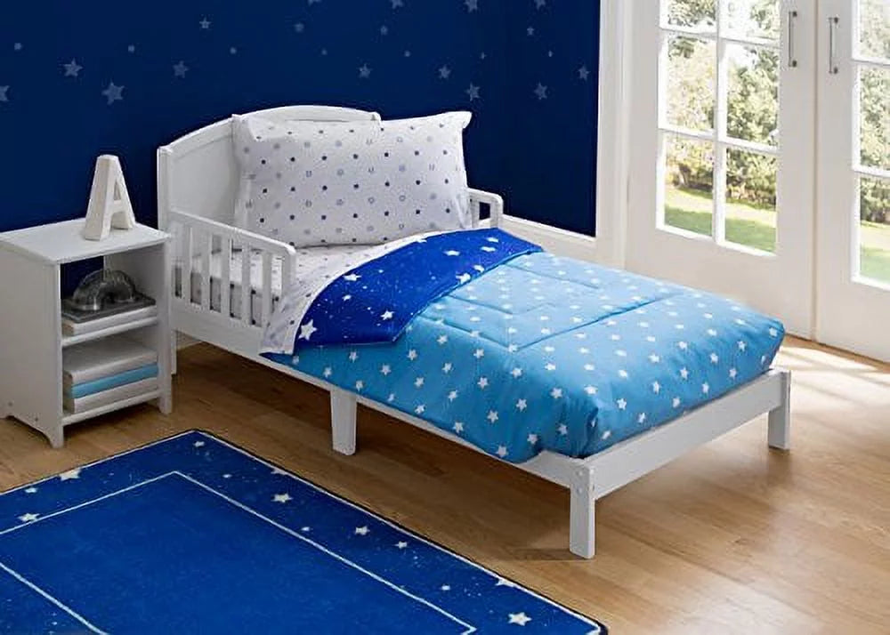 Toddler Bedding Set | Boys 4 Piece Collection | Fitted Sheet, Flat Top Sheet w/ Elastic bottom, Fitted Comter w/ Elastic bottom, Pillowcase | Delta Children | Boys Starry Night | Blue Stars