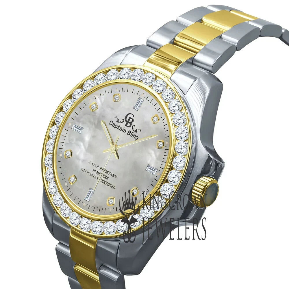 Mother Of Pearl Dial 2 Tone Solid Stainless Steel Simulated Diamonds 18K Gold Finish Mens Watch