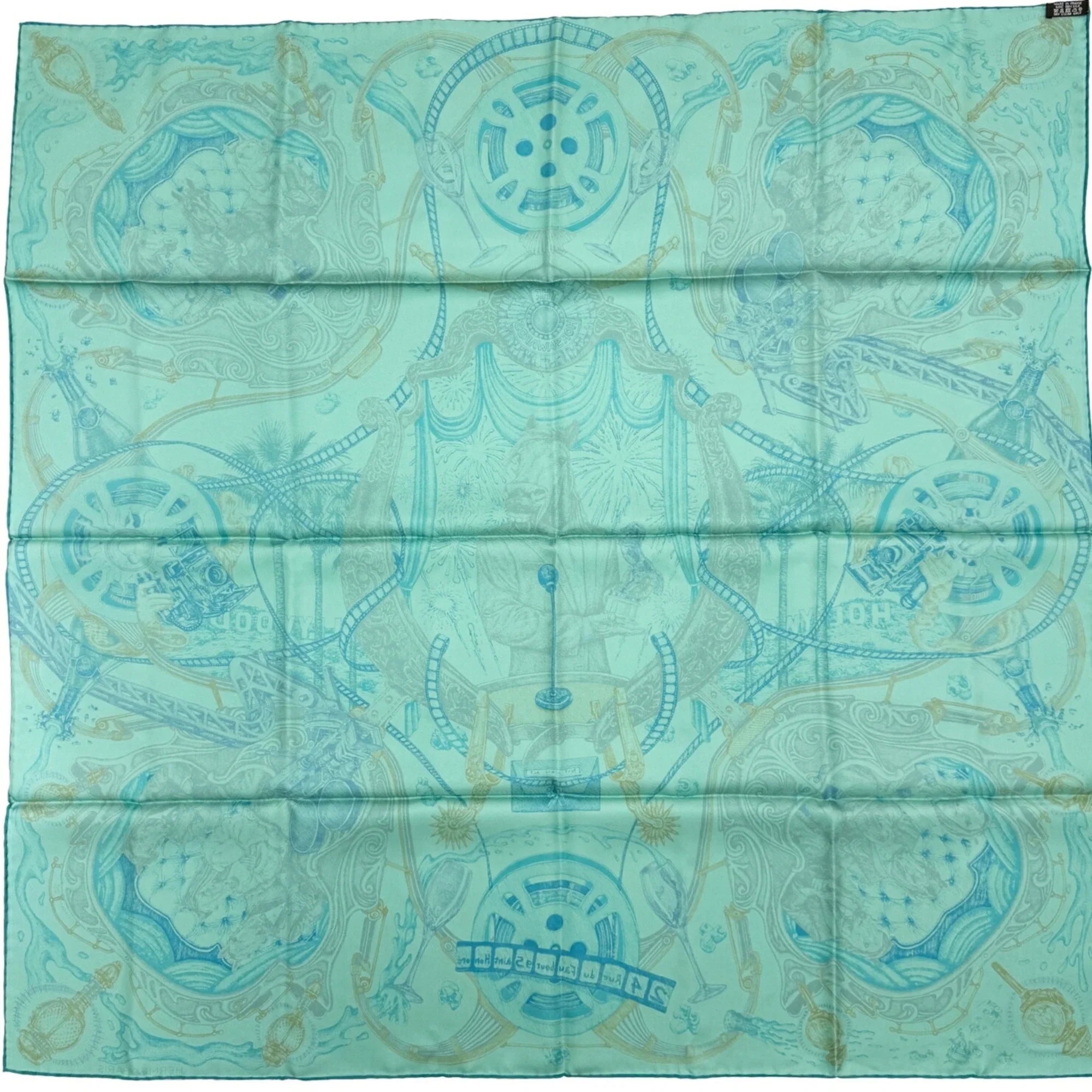 Pre-Owned Hermes HERMES Kare90 The Horsewards Horse Award Silk Green Blue Gray Scarf Large Ladies (Like New)