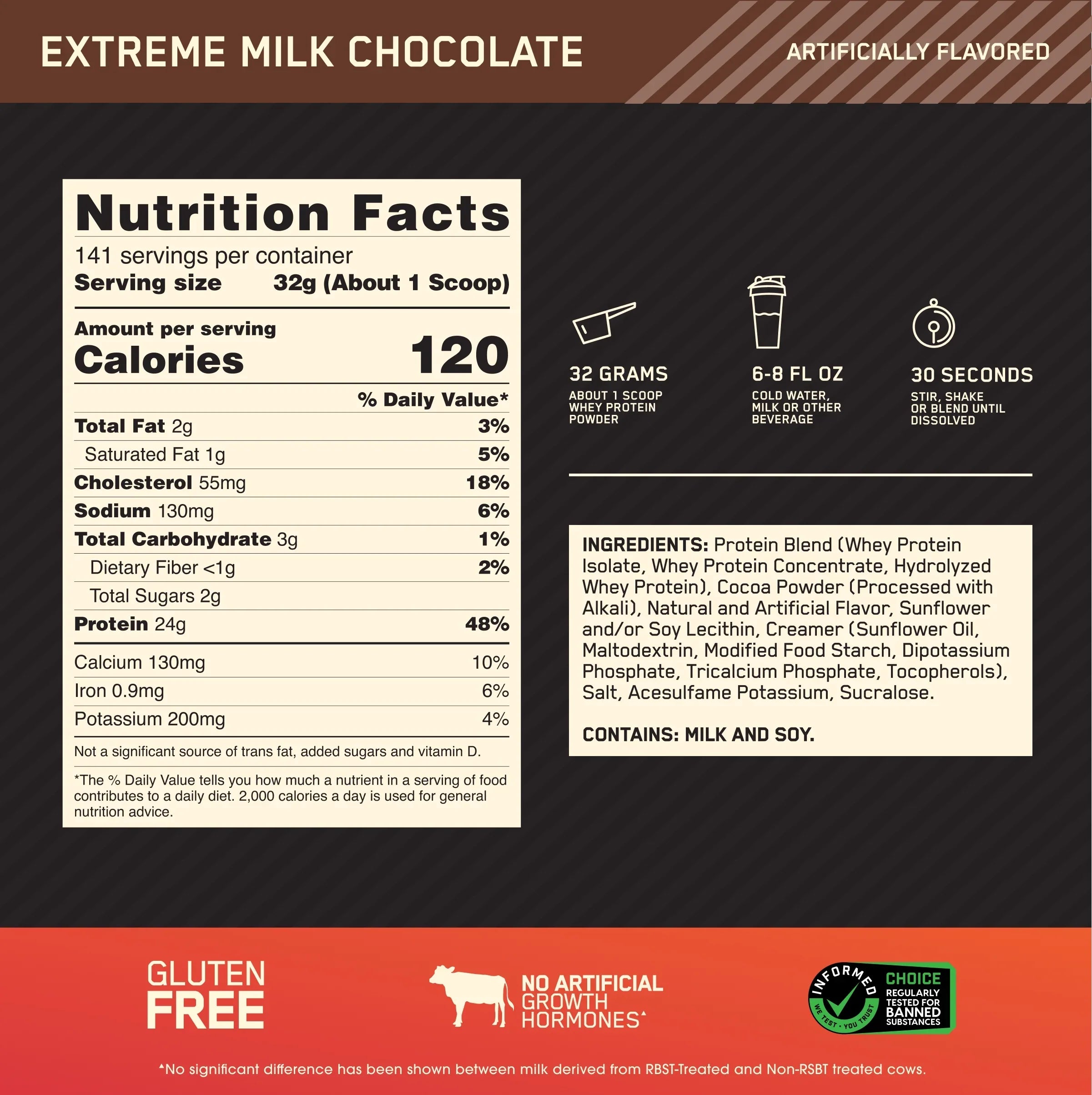Optimum Nutrition, Gold Standard 100% Whey Protein Powder, Extreme Milk Chocolate, 10 lb, 141 Servings