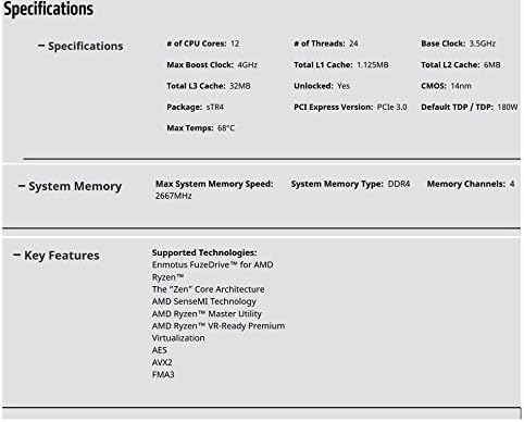 AMD Ryzen Threadripper 1920X (12-Core/24-Thread) Desktop Processor (YD192XA8AEWOF)