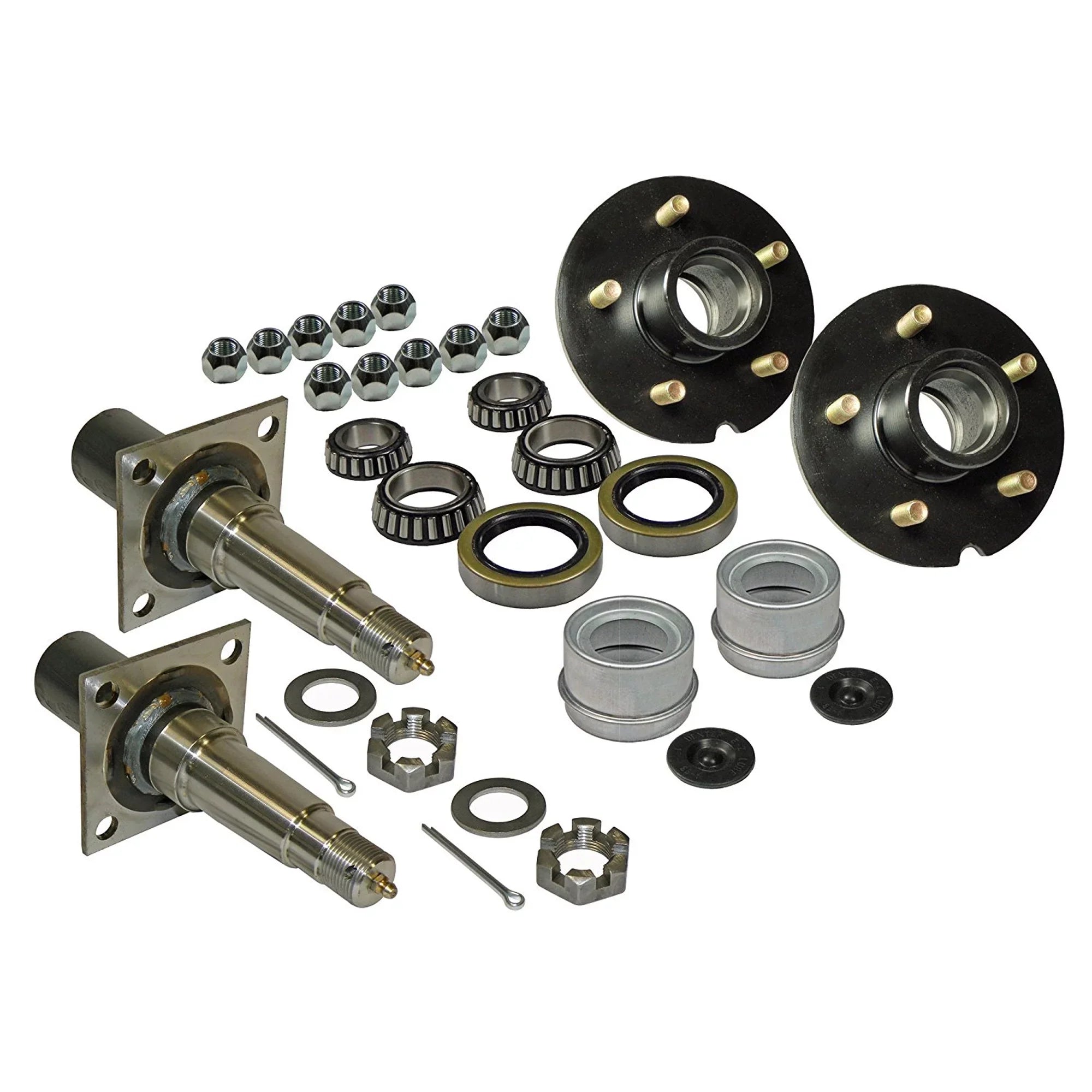Pair of 5-Bolt on 4-1/2 Inch Trailer Hub Assemblies - Includes (2) Flanged, 1-3/8 Inch to 1-1/16 Inch Tapered Spindles &amp; Bearings