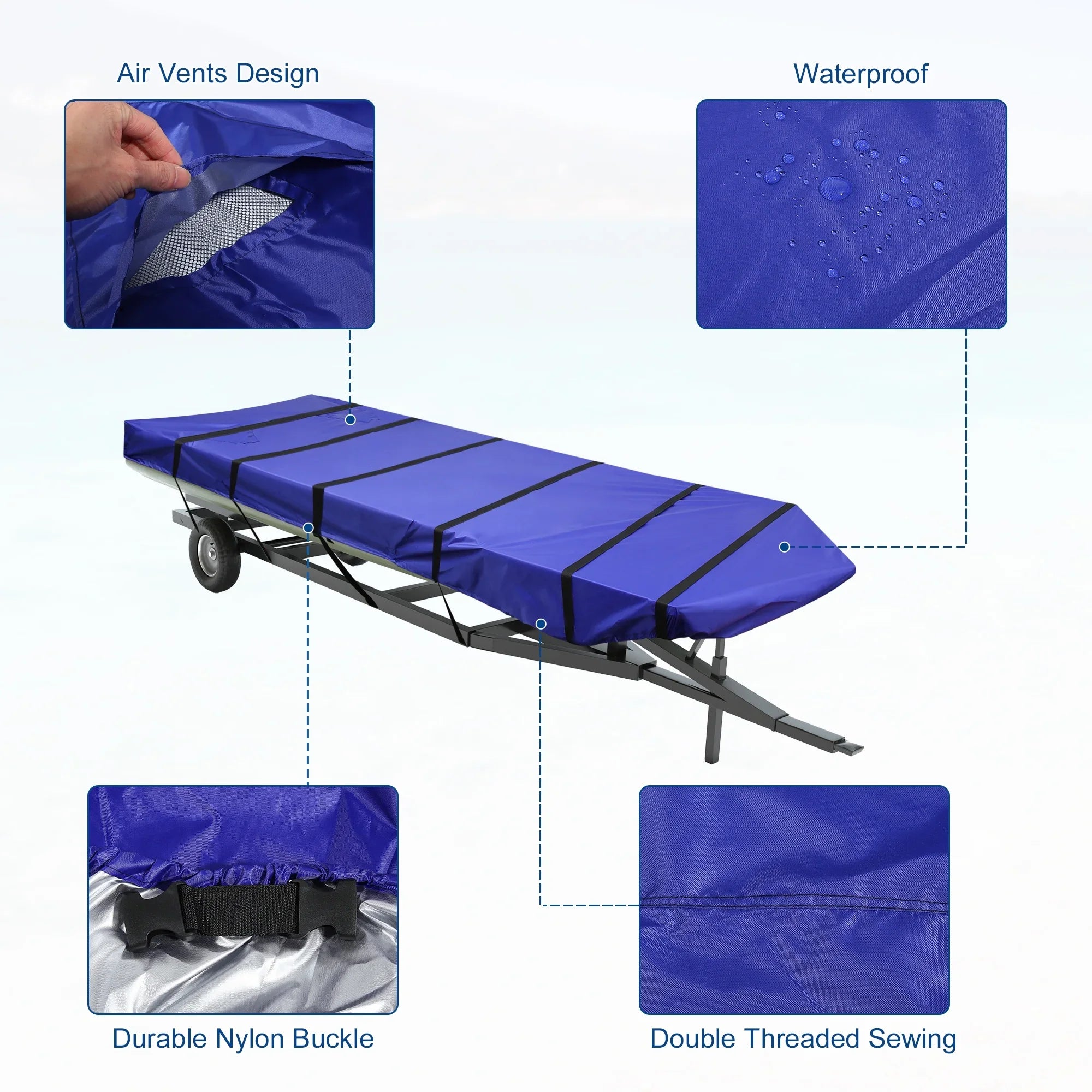 1 Set 14'-16'x70'' Jon Craft Shield 210D Polyester Air Vents Waterproof Sunshine Resist Watercraft Coating Blue