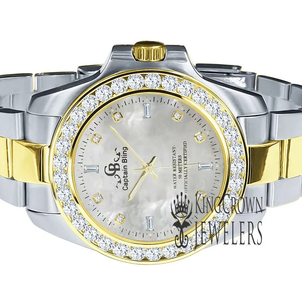 Mother Of Pearl Dial 2 Tone Solid Stainless Steel Simulated Diamonds 18K Gold Finish Mens Watch