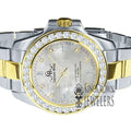 Mother Of Pearl Dial 2 Tone Solid Stainless Steel Simulated Diamonds 18K Gold Finish Mens Watch