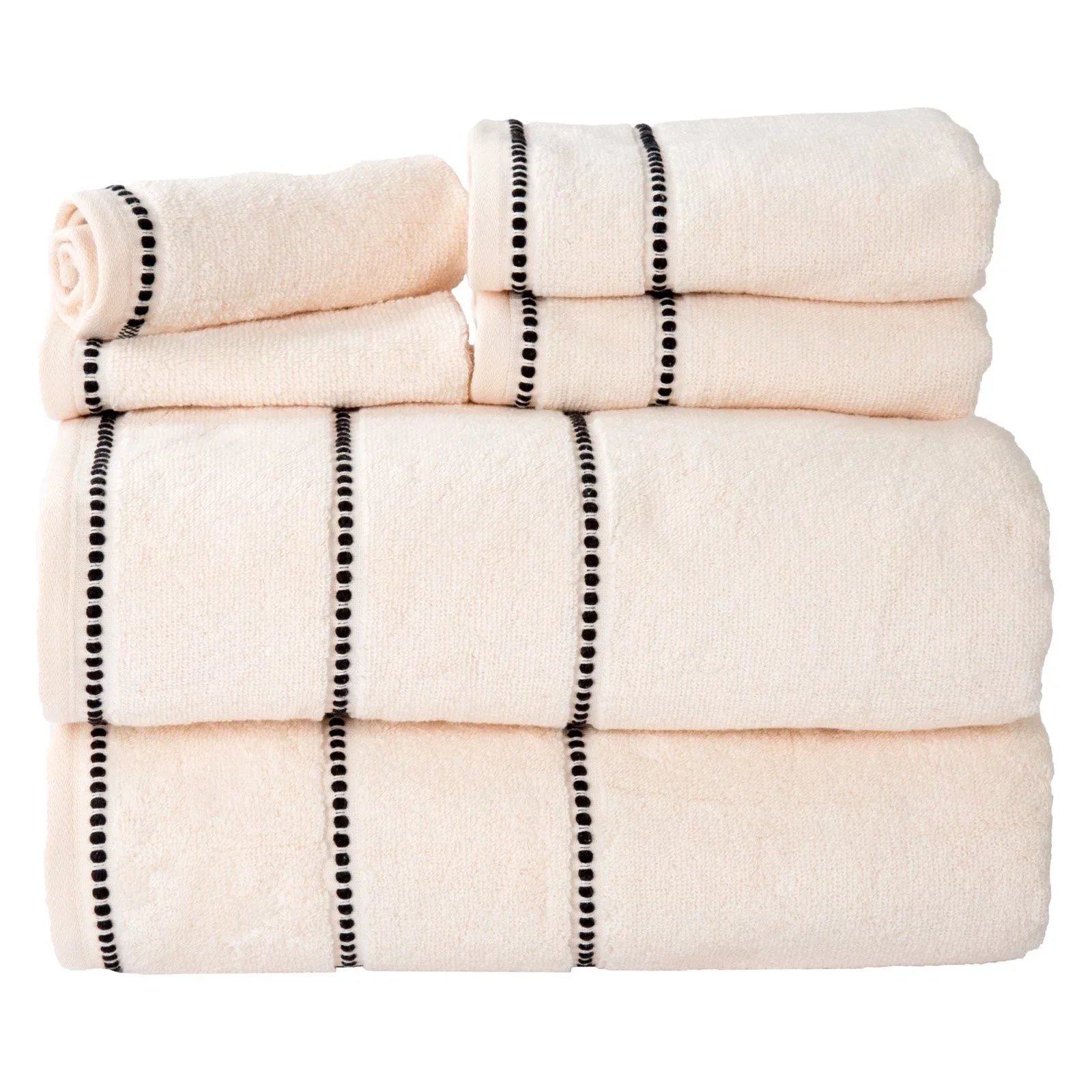 Trademark Global Luxury Cotton Towel Set- Quick Dry Zero Twist & Soft Set, Bone & Black - 6 Piece