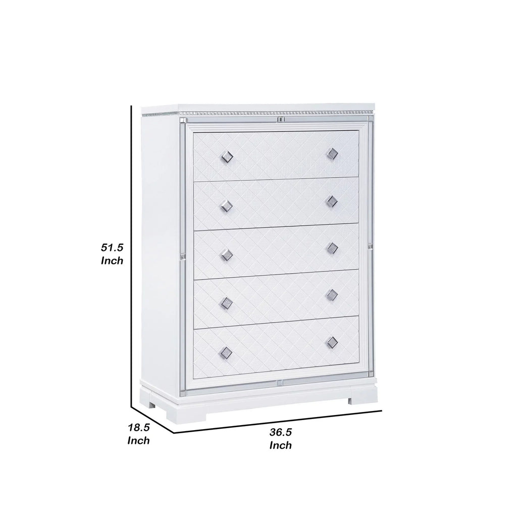 Benjara Axl 52 Inch 5 Drawer Tall Dresser, Mirror Trim, Crystal Accent, White Wood