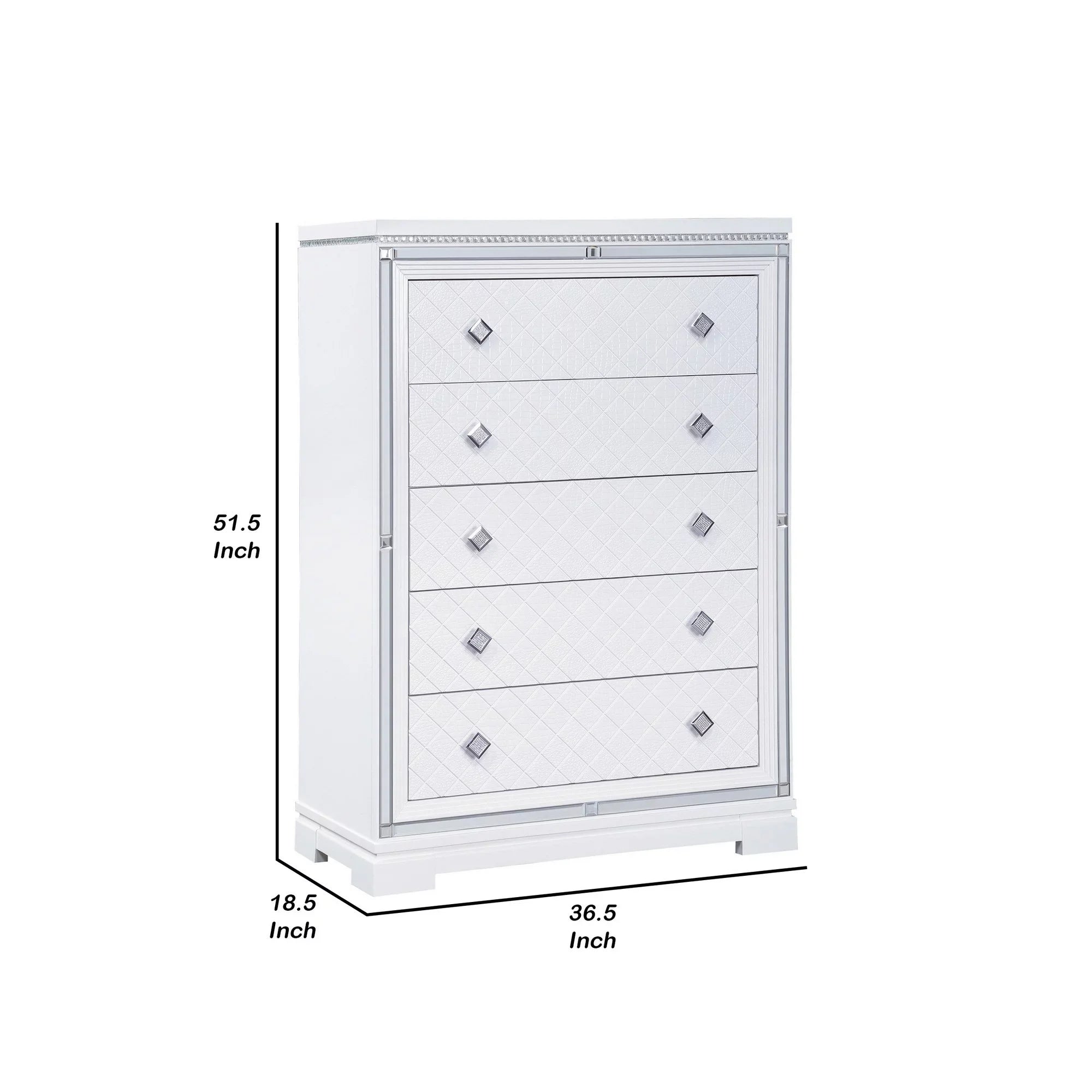Benjara Axl 52 Inch 5 Drawer Tall Dresser, Mirror Trim, Crystal Accent, White Wood