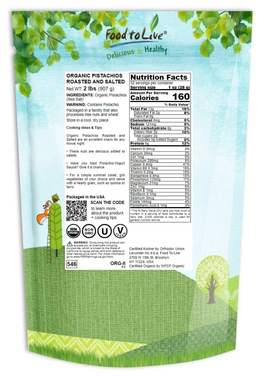 Food to Live Organic Calinia Pistachios (In Shell, Roasted and Salted, Non-GMO, Bulk) (2 Pounds)