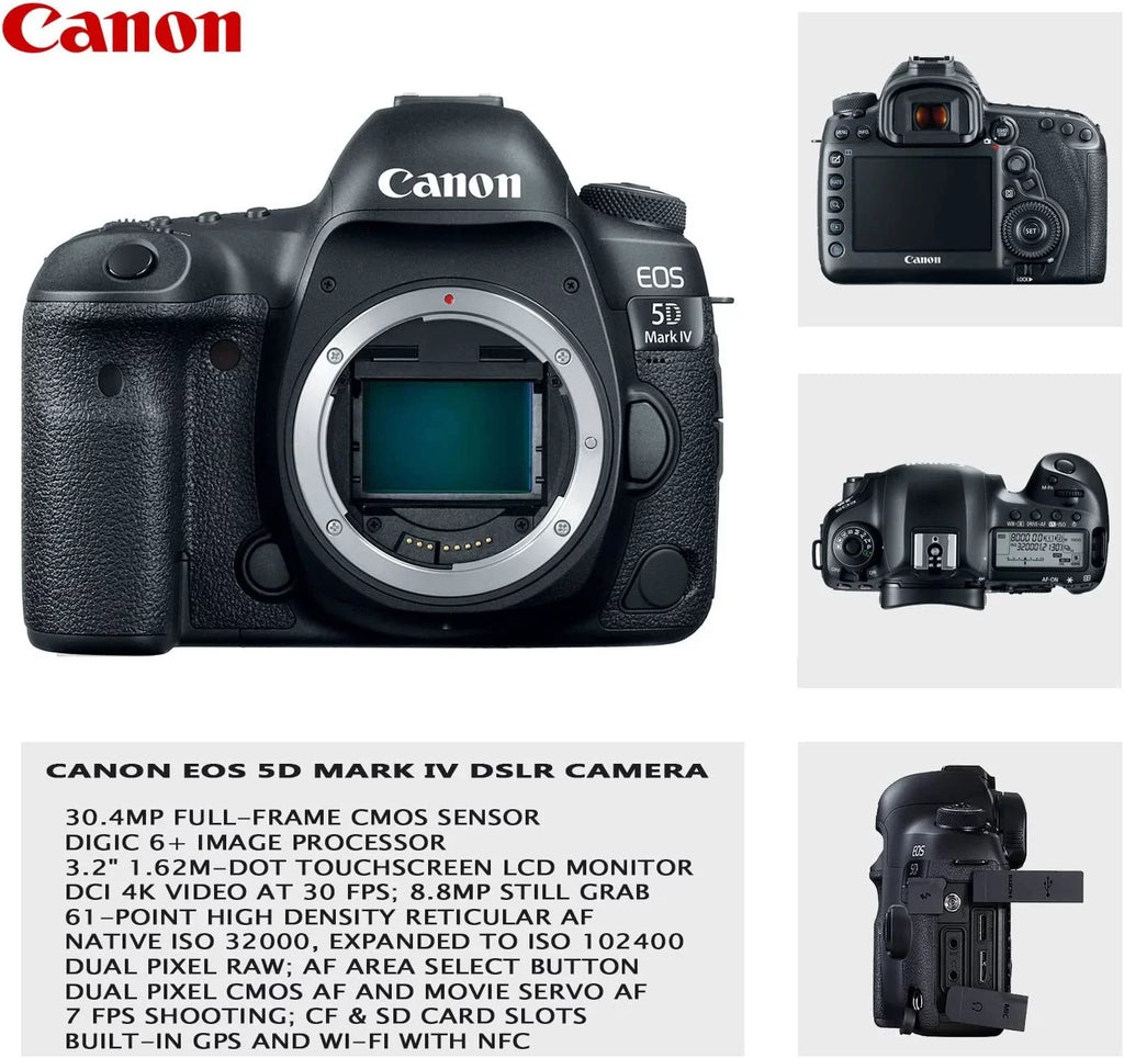 Canon EOS 5D Mark IV DSLR Camera w/ 24-105mm USM Lens Bundle + Canon EF 75-300mm III Lens, Canon 50mm f/1.8, 500mm Lens & 650-1300mm Lens + Backpack + 128GB Memory + Monopod + Professional Bundle