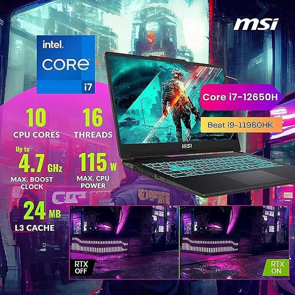 MSI Cyborg 15 Gaming Laptop, 15.6" FHD 144Hz Display, Intel Core i7-12650H, NVIDIA GeForce RTX 4060, 32GB DDR5 RAM, 1TB SSD, Webcam, Backlit Keyboard, Wi-Fi 6, Windows 11 Home, Translucent Black