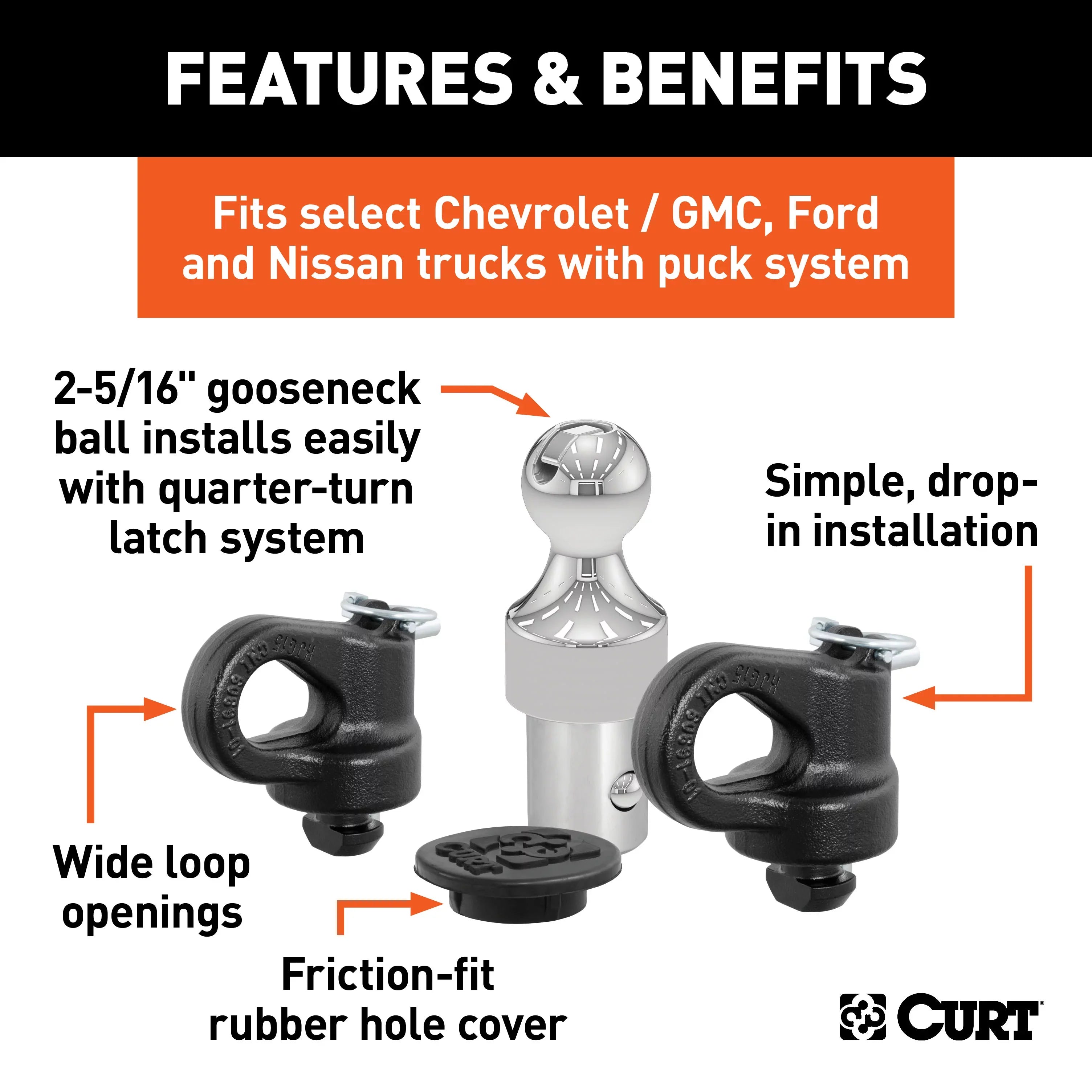 CURT Mfg 60692 OEM- Gooseneck Ball & Safety Chain Anchor Kit GM - Fits GM pickup trucks with factory tow packages | Includes storage case and rubber hole Shield