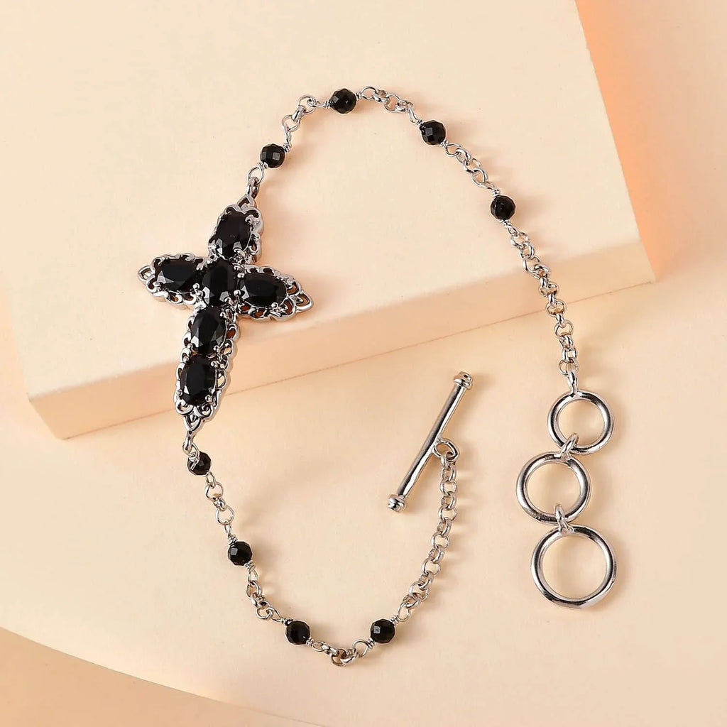 Shop LC Black Spinel Oval Platinum Plated Cross Bracelet Women Jewelry Ct 4.79 Mothers Day Gifts Mom