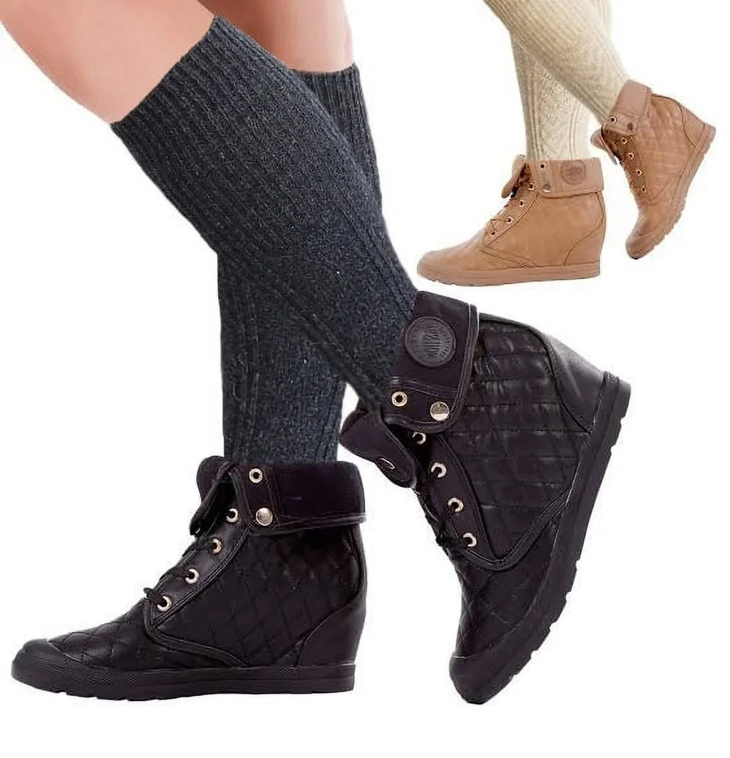 sumona 6 Pairs Women Cable Knit two tone Knee High Winter Boot Socks